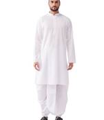White Cotton Blend Kurta And Dhoti Set