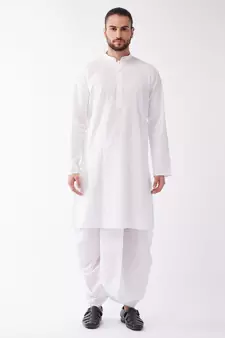 White Cotton Blend Kurta And Dhoti Set