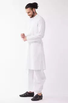 White Cotton Blend Kurta And Dhoti Set