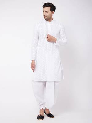 White Pure Cotton Kurta And Dhoti Set 2
