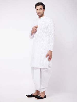 White Pure Cotton Kurta And Dhoti Set 3