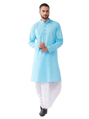 Aqua Blue And White Cotton Blend Kurta And Dhoti Set 1