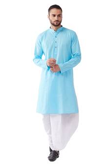 Men'S Aqua Blue And White Cotton Blend Kurta And Dhoti Set