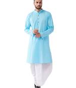 Aqua Blue And White Cotton Blend Kurta And Dhoti Set