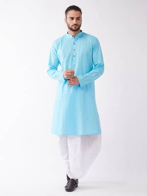 Aqua Blue And White Cotton Blend Kurta And Dhoti Set 2