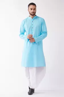 Aqua Blue And White Cotton Blend Kurta And Dhoti Set