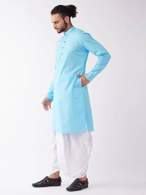 Aqua Blue And White Cotton Blend Kurta And Dhoti Set 3