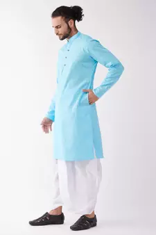 Aqua Blue And White Cotton Blend Kurta And Dhoti Set