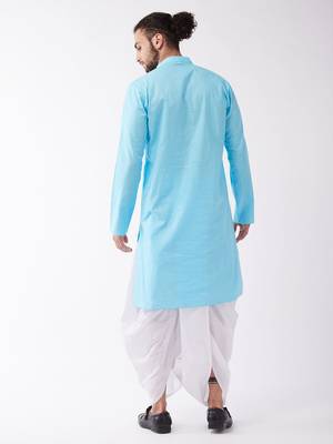 Aqua Blue And White Cotton Blend Kurta And Dhoti Set 4
