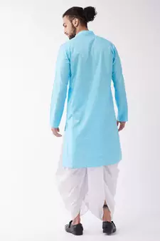 Aqua Blue And White Cotton Blend Kurta And Dhoti Set