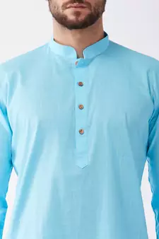 Aqua Blue And White Cotton Blend Kurta And Dhoti Set