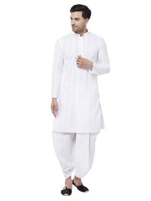 Purple And White Cotton Blend Kurta And Dhoti Set 1