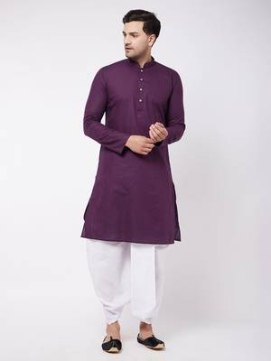 Purple And White Cotton Blend Kurta And Dhoti Set 2
