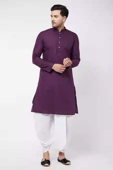 Purple And White Cotton Blend Kurta And Dhoti Set