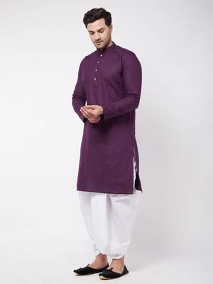 Purple And White Cotton Blend Kurta And Dhoti Set 3