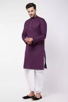 Purple And White Cotton Blend Kurta And Dhoti Set