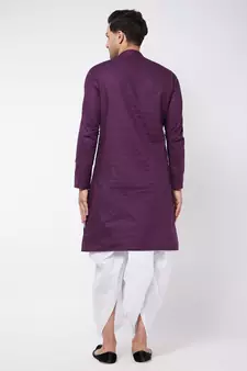Purple And White Cotton Blend Kurta And Dhoti Set