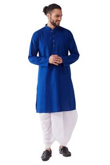 Men'S Blue And White Cotton Blend Kurta And Dhoti Set