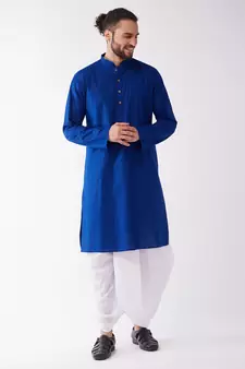 Blue And White Cotton Blend Kurta And Dhoti Set
