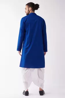 Blue And White Cotton Blend Kurta And Dhoti Set