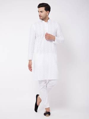 White Pure Cotton Kurta Pyjama Set 2