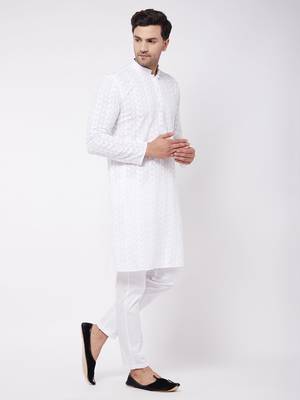 White Pure Cotton Kurta Pyjama Set 3