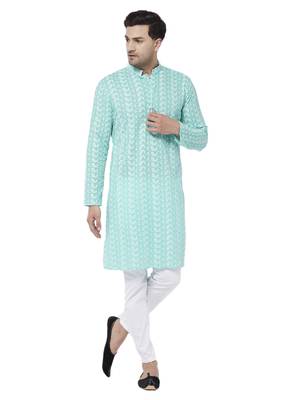 Green And White Pure Cotton Kurta Pyjama Set 1