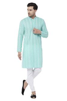 Men'S Green And White Pure Cotton Kurta Pyjama Set
