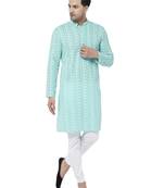 Green And White Pure Cotton Kurta Pyjama Set