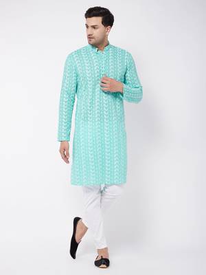 Green And White Pure Cotton Kurta Pyjama Set 2