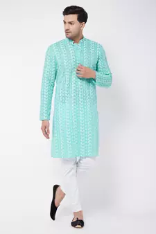 Green And White Pure Cotton Kurta Pyjama Set
