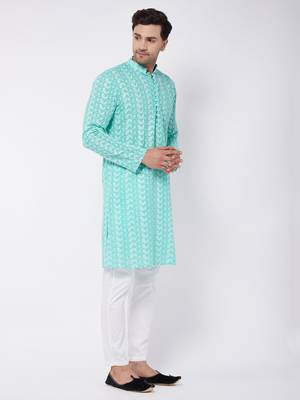 Green And White Pure Cotton Kurta Pyjama Set 3