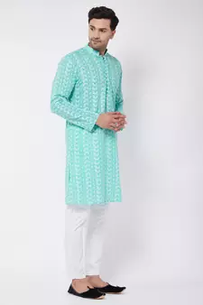 Green And White Pure Cotton Kurta Pyjama Set