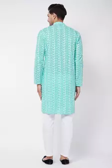 Green And White Pure Cotton Kurta Pyjama Set