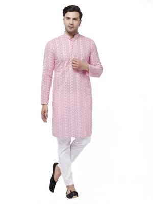 Pink And White Pure Cotton Kurta Pyjama Set 1