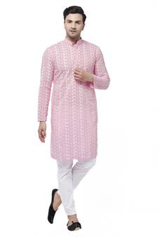 Men'S Pink And White Pure Cotton Kurta Pyjama Set