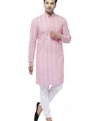 Pink And White Pure Cotton Kurta Pyjama Set