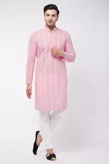 Pink And White Pure Cotton Kurta Pyjama Set