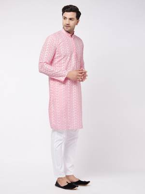 Pink And White Pure Cotton Kurta Pyjama Set 3