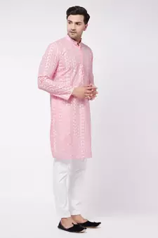 Pink And White Pure Cotton Kurta Pyjama Set