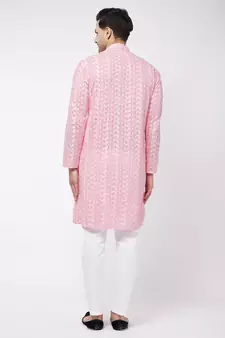 Pink And White Pure Cotton Kurta Pyjama Set