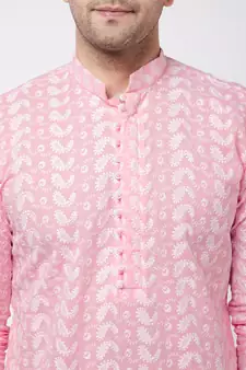 Pink And White Pure Cotton Kurta Pyjama Set