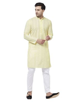 Yellow And White Pure Cotton Kurta Pyjama Set 1