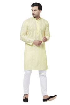 Men'S Yellow And White Pure Cotton Kurta Pyjama Set