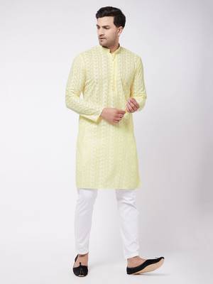 Yellow And White Pure Cotton Kurta Pyjama Set 2
