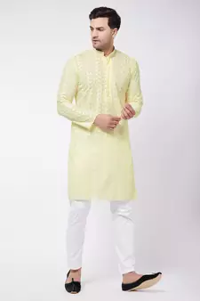 Yellow And White Pure Cotton Kurta Pyjama Set
