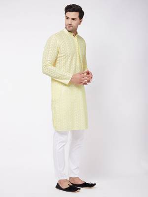 Yellow And White Pure Cotton Kurta Pyjama Set 3