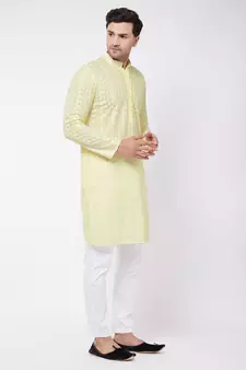 Yellow And White Pure Cotton Kurta Pyjama Set