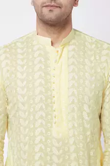 Yellow And White Pure Cotton Kurta Pyjama Set