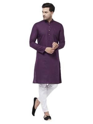 Purple And White Cotton Linen Kurta Pyjama Set 1